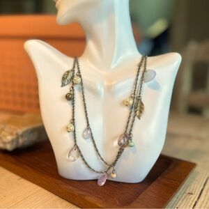 Delicate Necklace with Pastel Beads Crystals & Leaves Bohemian Vibes